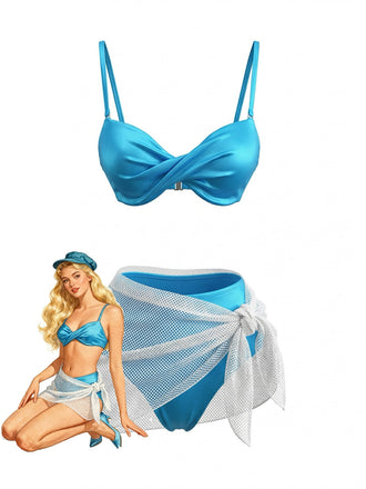 3PCS Blue 1980s Solid Shiny Satin High Waist Bikini & Mesh Cover-Up - vintage swimsuit, pin-up swimwear for vintage lovers