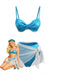3PCS Blue 1980s Solid Shiny Satin High Waist Bikini & Mesh Cover-Up - vintage swimsuit, pin-up swimwear for vintage lovers