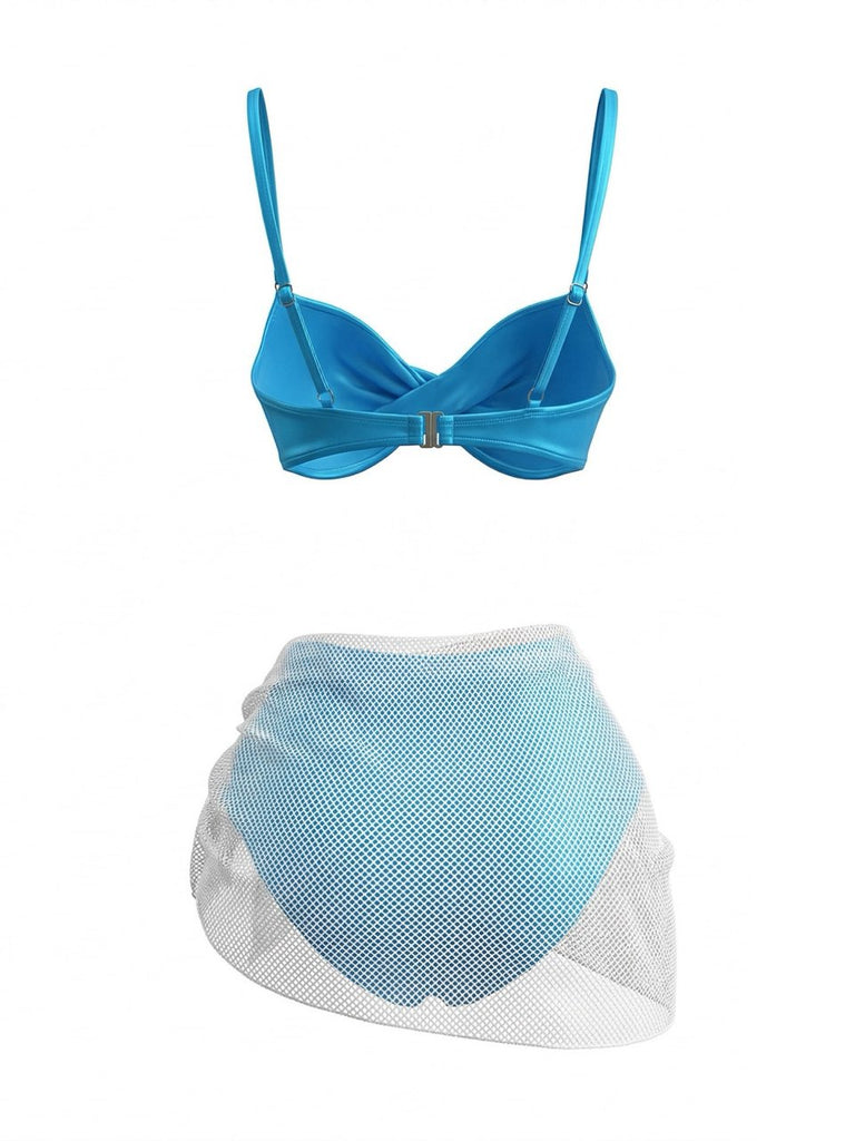 3PCS Blue 1980s Solid Shiny Satin High Waist Bikini & Mesh Cover-Up - vintage swimsuit, pin-up swimwear for vintage lovers