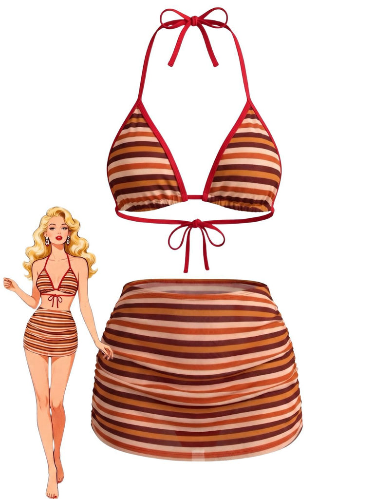 3PCS Brown 1960s Stripe Halter Bikini Set & Ruched Skirt, vintage skirt, retro style - perfect for women who love vintage and retro fashion
