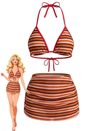 3PCS Brown 1960s Stripe Halter Bikini Set & Ruched Skirt, vintage skirt, retro style - perfect for women who love vintage and retro fashion