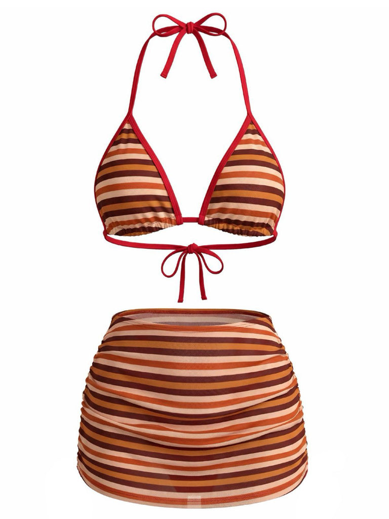3PCS Brown 1960s Stripe Halter Bikini Set & Ruched Skirt, vintage skirt, retro style - perfect for women who love vintage and retro fashion