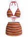 3PCS Brown 1960s Stripe Halter Bikini Set & Ruched Skirt, vintage skirt, retro style - perfect for women who love vintage and retro fashion