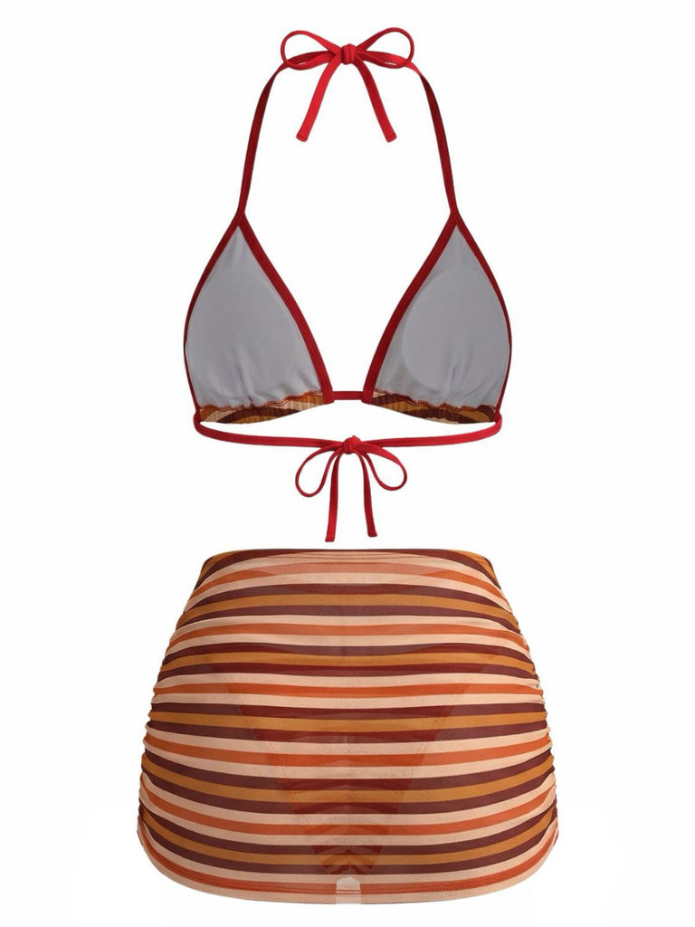 3PCS Brown 1960s Stripe Halter Bikini Set & Ruched Skirt, vintage skirt, retro style - perfect for women who love vintage and retro fashion