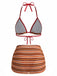3PCS Brown 1960s Stripe Halter Bikini Set & Ruched Skirt, vintage skirt, retro style - perfect for women who love vintage and retro fashion