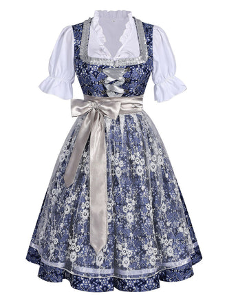 Dark Blue 1950s Floral V Neck Two Piece Set