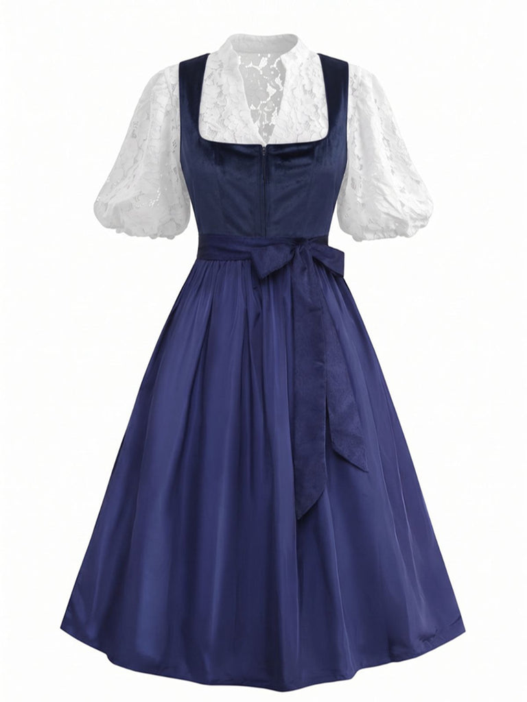 3PCS Dark Blue 1950s Velvet Jacquard Dress & Apron & Lace Top, vintage dress, retro fashion, rockabilly, pin-up fashion - vintage inspired fashion
