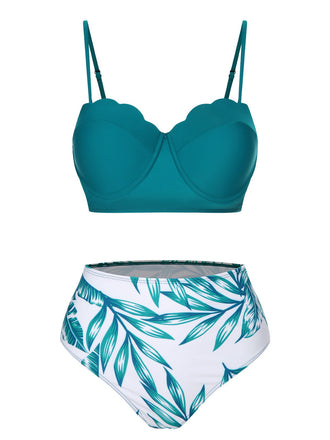 3PCS Green 1950s Ceramics Plant Prints Swimsuit & Cover-Up, vintage swimsuit, pin-up swimwear - perfect for women who love vintage and retro fashion