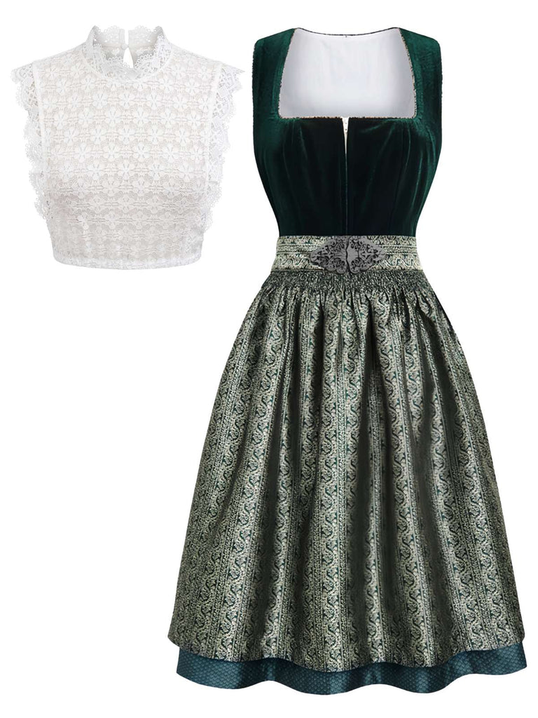 3PCS Green 1950s Square Neck Velvet Jacquard Dress & Apron & Lace Top, vintage dress, retro fashion, rockabilly, pin-up fashion - perfect for women who love vintage and retro fashion