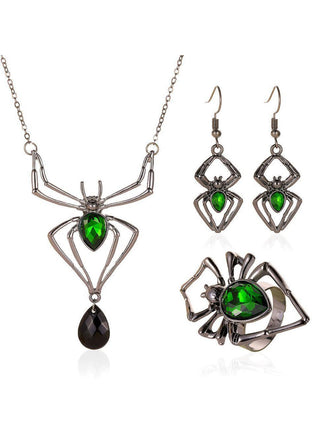 3PCS Green Spider Necklace & Earrings & Ring Set - vintage fashion, retro style