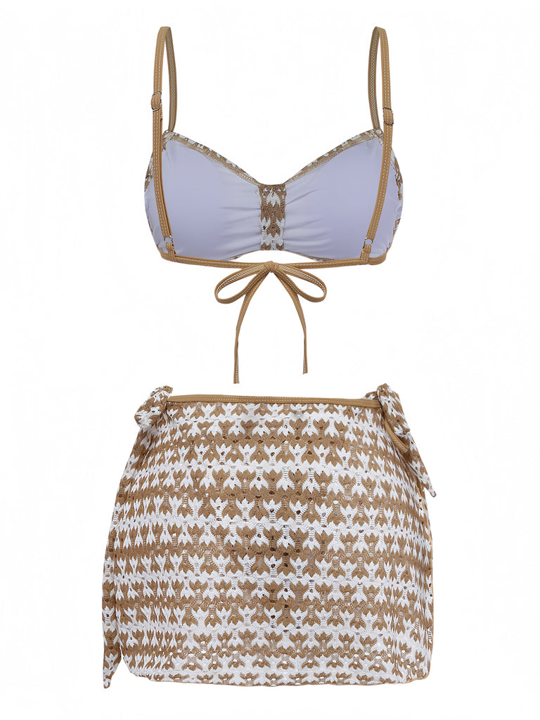 3PCS Khaki 1950s Crochet Hollow Bikini Set & Cover Up | vintage swimwear, retro swimsuit, pin-up style - perfect for retro fashion enthusiasts