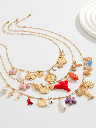 3PCS Layered Beach Charm Necklace Set - vintage fashion, retro style, elegant red