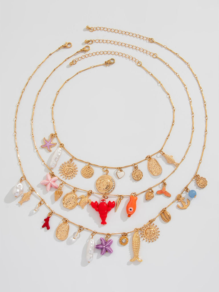 3PCS Layered Beach Charm Necklace Set - vintage fashion, retro style, elegant red