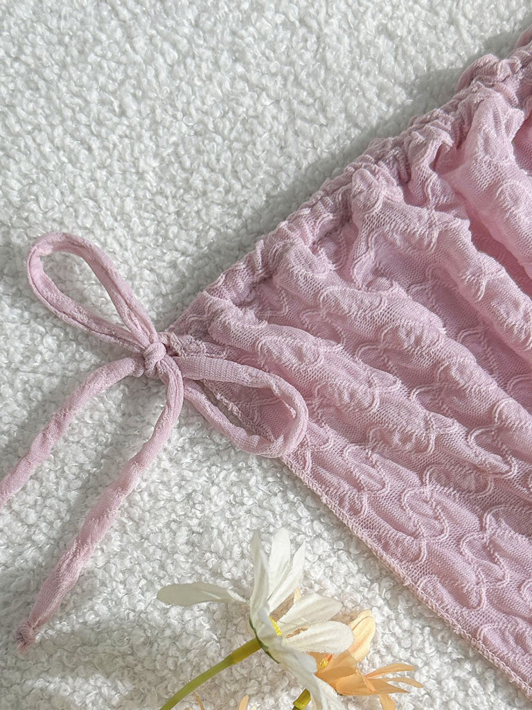 3PCS Pink 1950s Halter Pleated Twist Bikini Set & Cover-Up, vintage swimsuit, pin-up swimwear - perfect for women who love vintage and retro fashion