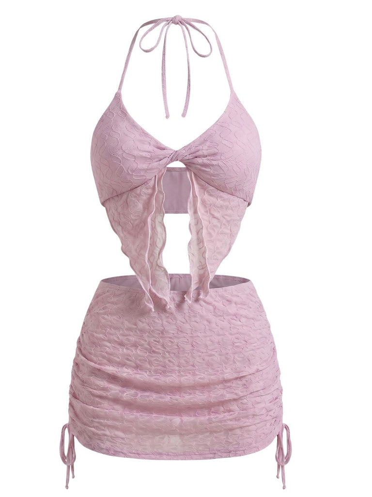 3PCS Pink 1950s Halter Pleated Twist Bikini Set & Cover-Up, vintage swimsuit, pin-up swimwear - perfect for women who love vintage and retro fashion