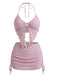 3PCS Pink 1950s Halter Pleated Twist Bikini Set & Cover-Up, vintage swimsuit, pin-up swimwear - perfect for women who love vintage and retro fashion