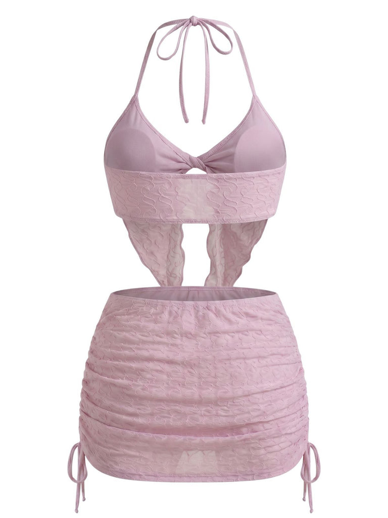 3PCS Pink 1950s Halter Pleated Twist Bikini Set & Cover-Up, vintage swimsuit, pin-up swimwear - perfect for women who love vintage and retro fashion