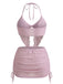 3PCS Pink 1950s Halter Pleated Twist Bikini Set & Cover-Up, vintage swimsuit, pin-up swimwear - perfect for women who love vintage and retro fashion