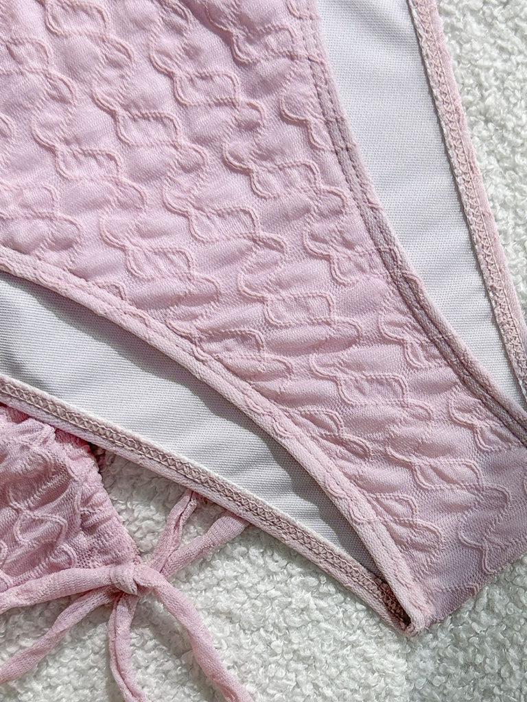 3PCS Pink 1950s Halter Pleated Twist Bikini Set & Cover-Up, vintage swimsuit, pin-up swimwear - perfect for women who love vintage and retro fashion