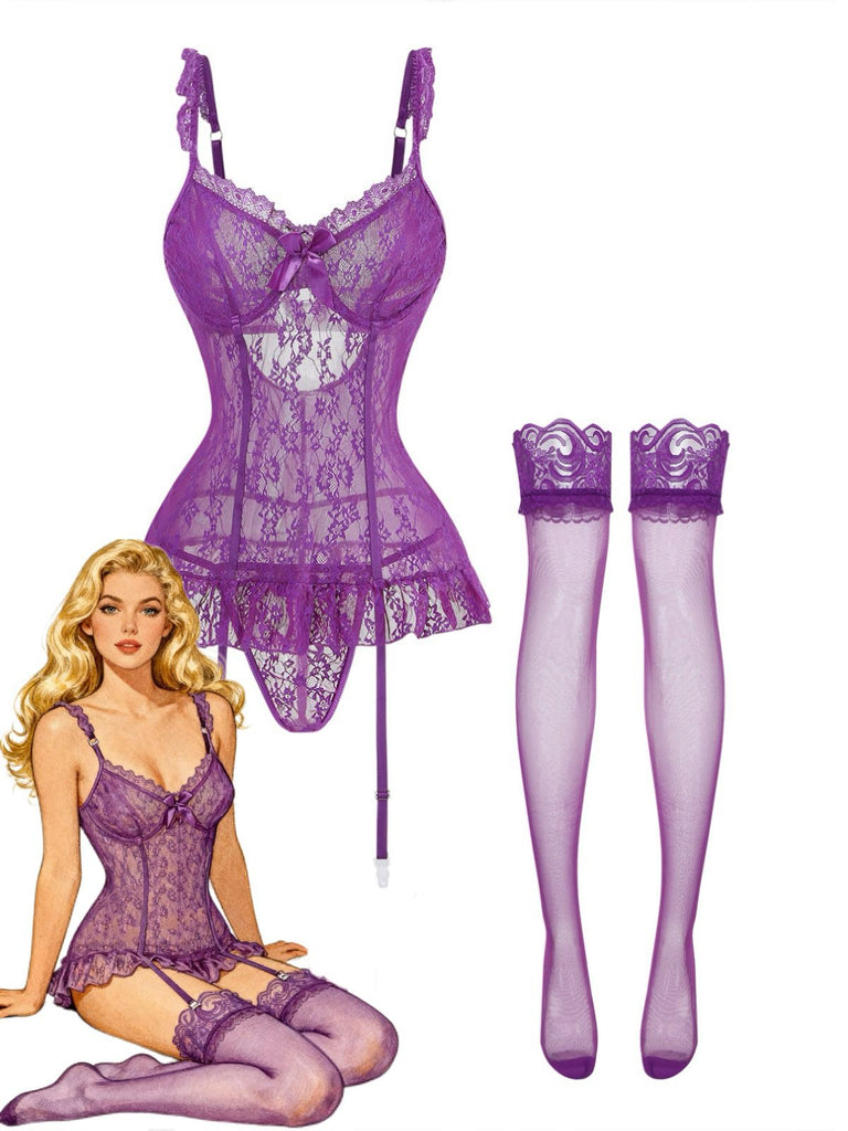 3PCS Purple 1980s Lace Lingerie Set with Stockings - vintage lingerie, retro nightgown, elegant sleepwear for vintage lovers