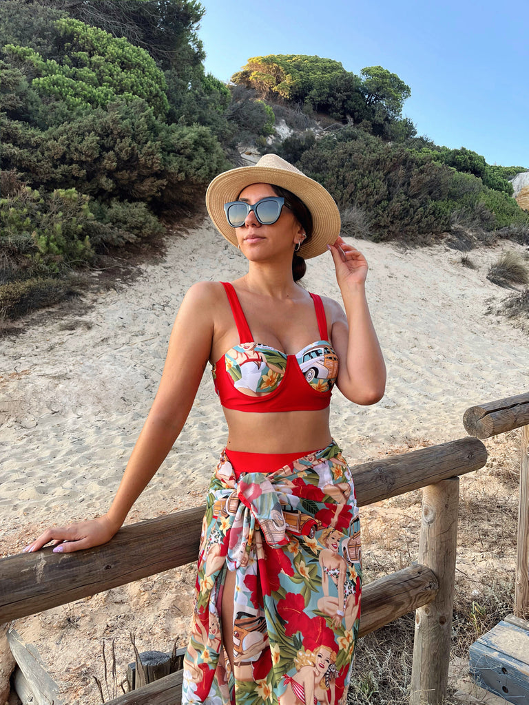 3PCS Red Retro Lady Bikini Set: timeless style reimagined