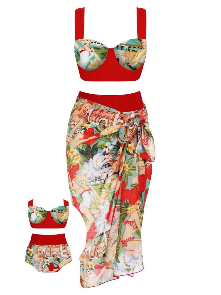 3PCS Red Retro Lady Bikini Set — vintage elegance for the modern woman