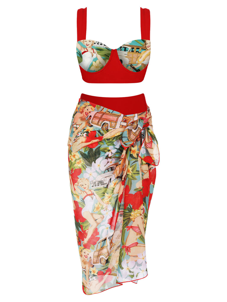 3PCS Red Retro Lady Bikini Set: timeless style reimagined