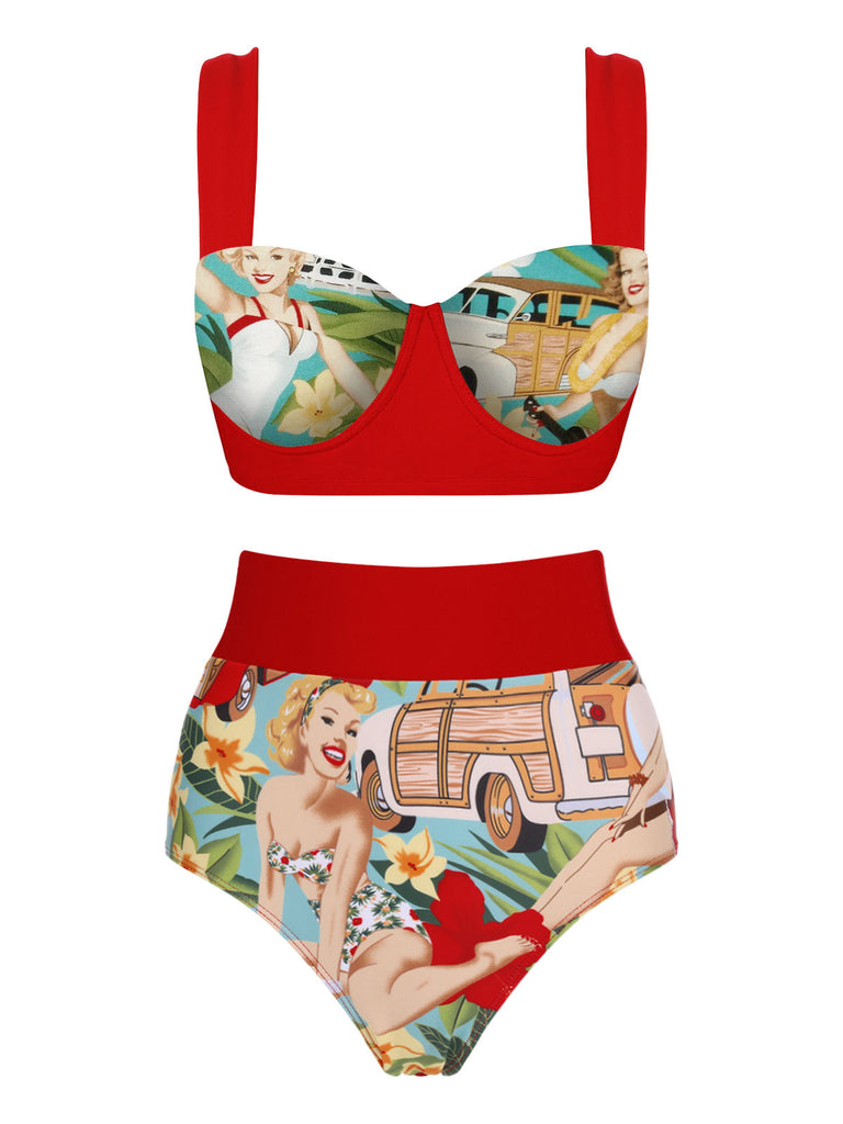 3PCS Red Retro Lady Bikini Set: timeless style reimagined