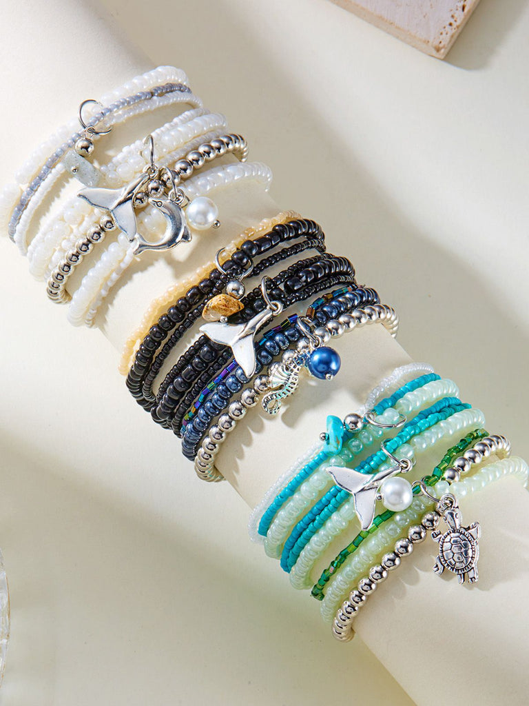 3PCS Shell Dolphin Charm Beach Bracelet Set - vintage fashion, retro style