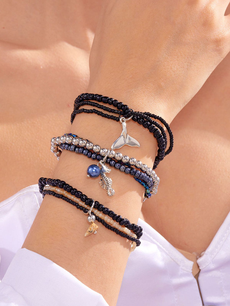 3PCS Shell Dolphin Charm Beach Bracelet Set - vintage fashion, retro style