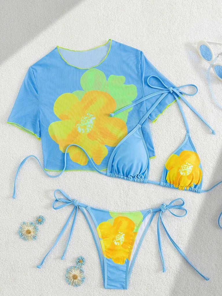 3PCS Sky Blue 1960s Floral Bikini Set & Crop Top - vintage swimwear, retro swimsuit, pin-up style for vintage lovers