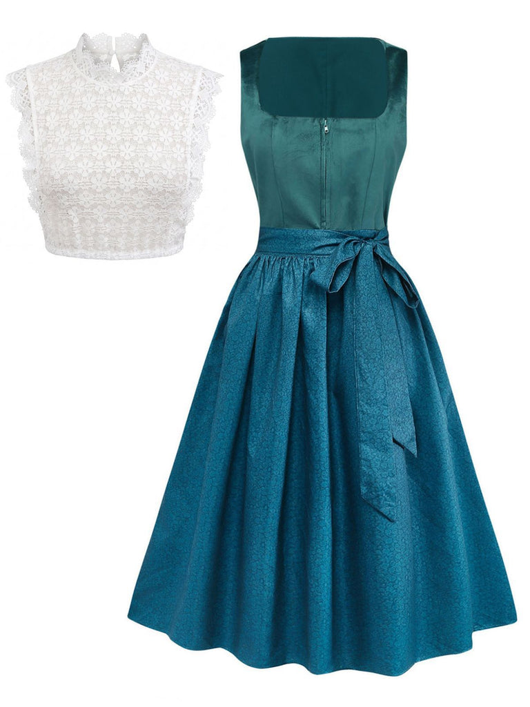 3PCS Teal 1950s Square Neck Velvet Dress & Floral Apron & Lace Top, vintage dress, retro fashion, rockabilly, pin-up fashion - perfect for women who love vintage and retro fashion