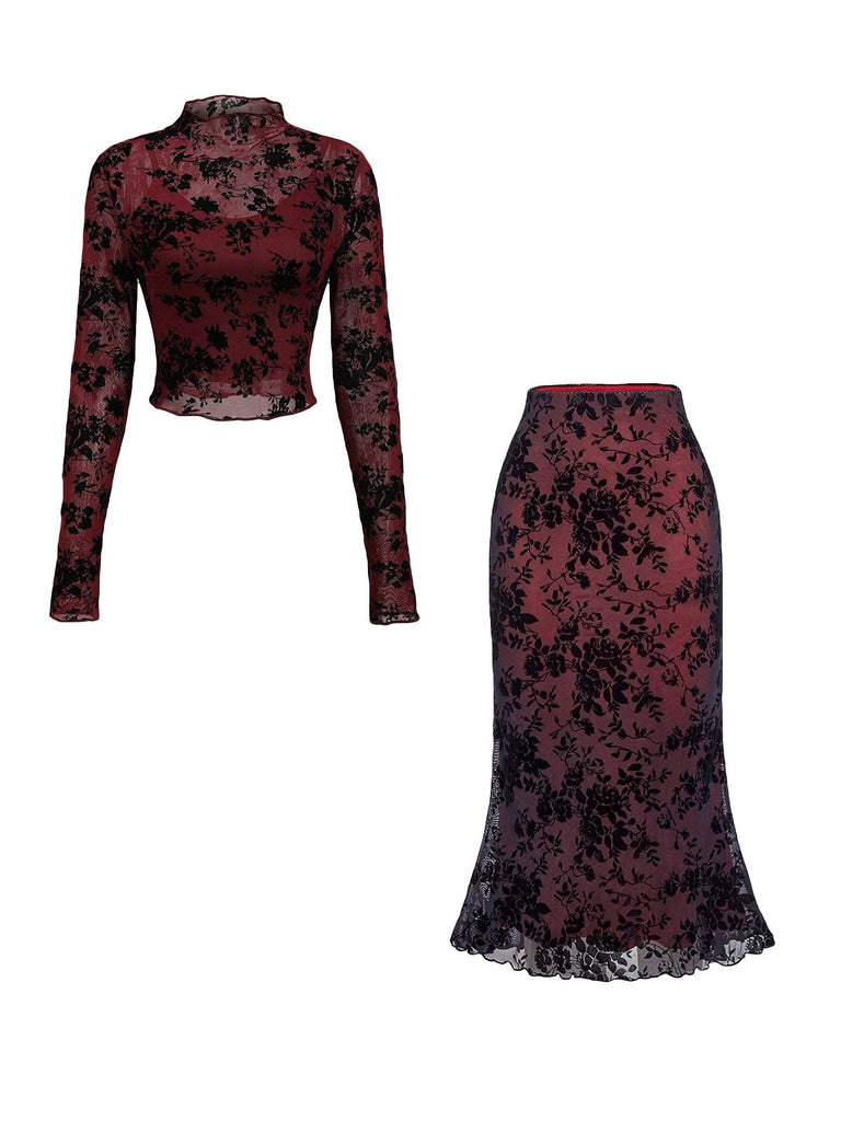 3PCS Wine Red 1930s Flocked Floral Sheer Set - vintage fashion, retro style, elegant red