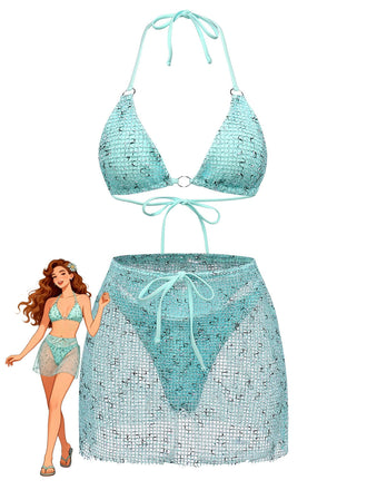 3PCS Y2K Crochet Sequin Halter Tie Triangle Bikini Set & Cover-Up - vintage swimsuit, pin-up swimwear for vintage lovers