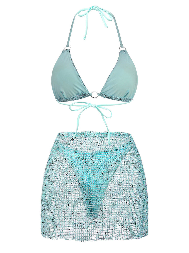 3PCS Y2K Crochet Sequin Halter Tie Triangle Bikini Set & Cover-Up - vintage swimsuit, pin-up swimwear for vintage lovers