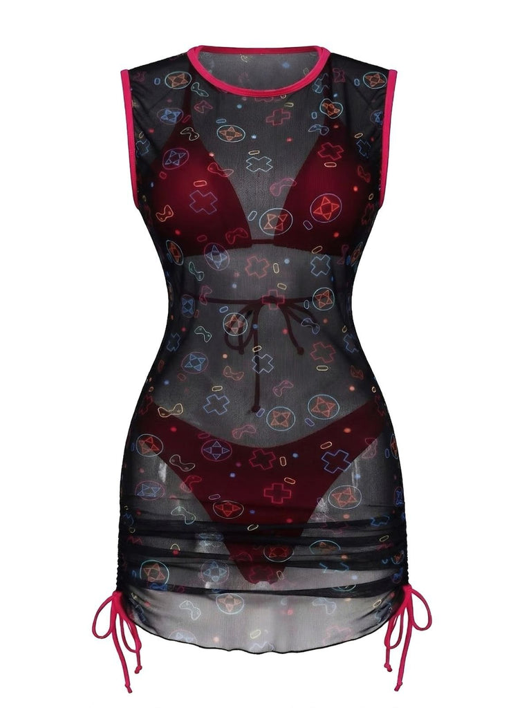 3PCS Y2K Solid Bikini Set & Neon Gaming Print Mesh Cover-Up - vintage swimsuit, pin-up swimwear for vintage lovers