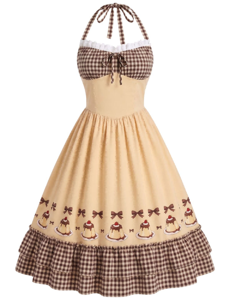 [Pre-Sale] 1950s Halter Gingham Caramel Pudding Bow Tiered Dress, vintage dress, retro fashion, rockabilly, pin-up fashion - perfect for women who love vintage and retro fashion