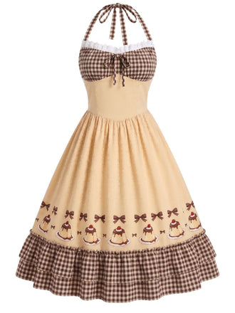 [Pre-Sale] 1950s Halter Gingham Caramel Pudding Bow Tiered Dress, vintage dress, retro fashion, rockabilly, pin-up fashion - perfect for women who love vintage and retro fashion