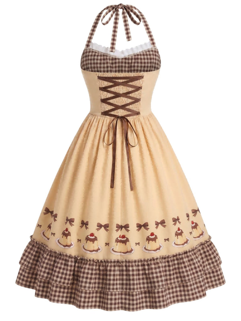 [Pre-Sale] 1950s Halter Gingham Caramel Pudding Bow Tiered Dress, vintage dress, retro fashion, rockabilly, pin-up fashion - perfect for women who love vintage and retro fashion