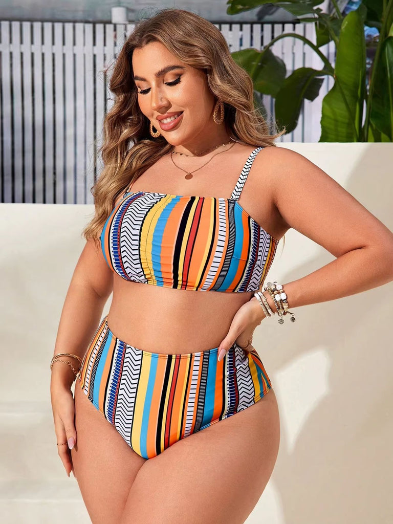 [Plus Size] 4PCS 1970s Striped Bikini Set & Cover-Up - vintage swimsuit, pin-up swimwear for vintage lovers