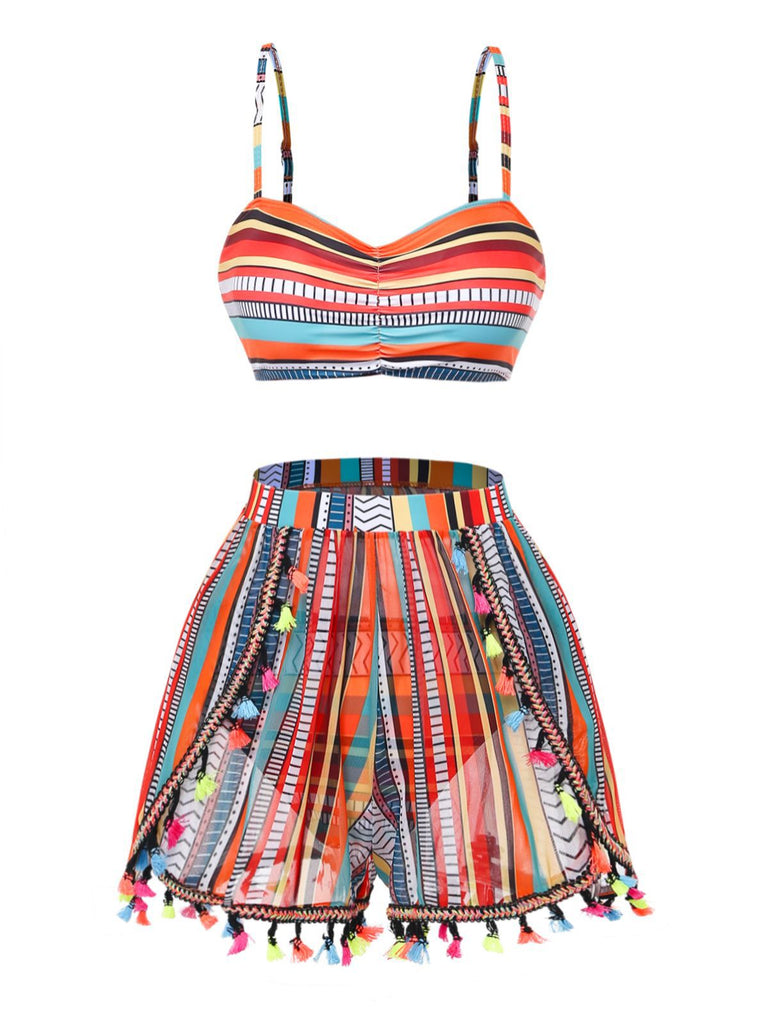 4PCS 1970s Boho Striped Bikini & Fringe Cover-Up Set - vintage fashion, retro style