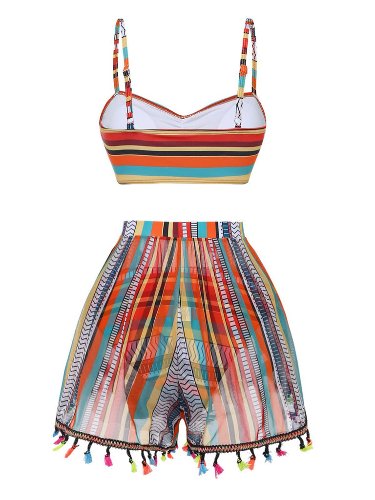 4PCS 1970s Boho Striped Bikini & Fringe Cover-Up Set - vintage fashion, retro style