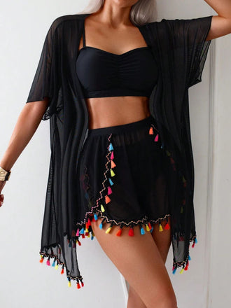 4PCS 1970s Boho Striped Bikini & Fringe Cover-Up Set - vintage fashion, retro style