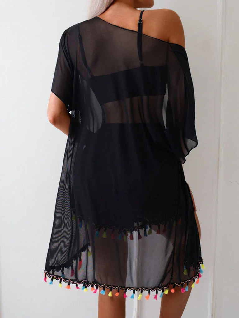 4PCS 1970s Boho Striped Bikini & Fringe Cover-Up Set - vintage fashion, retro style
