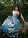 Blue 1950s Water Lily Sweetheart Strapless Dress