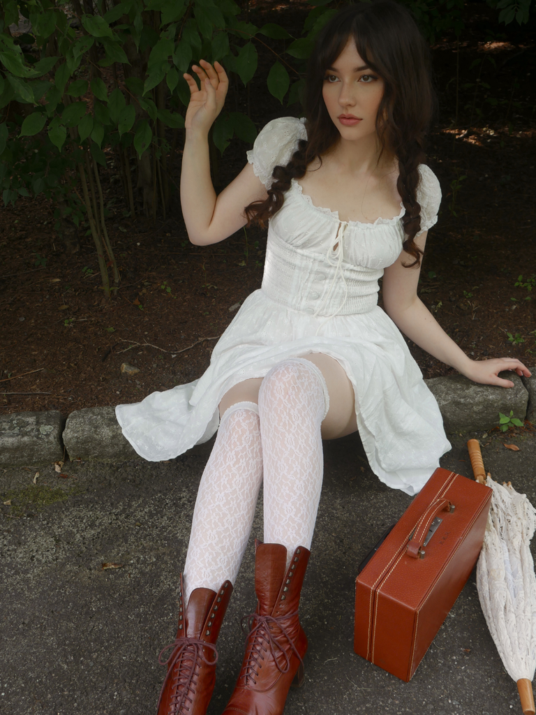 White 1940s Solid Cotton Embroidered Lace Dress