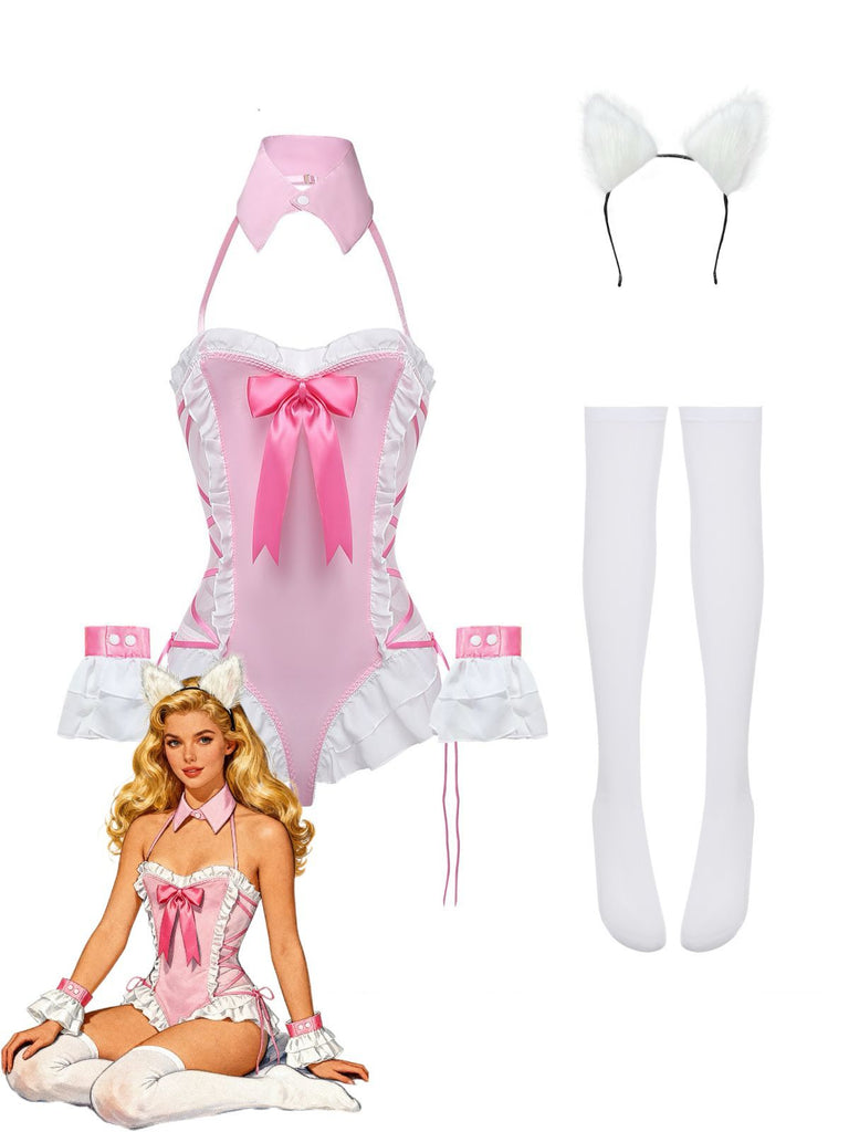 5PCS 1980s Bunny Girl Open Crotch Bodysuit Lingerie - vintage lingerie, retro nightgown, elegant sleepwear for vintage lovers