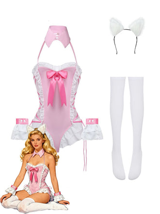 5PCS 1980s Bunny Girl Open Crotch Bodysuit Lingerie - vintage lingerie, retro nightgown, elegant sleepwear for vintage lovers