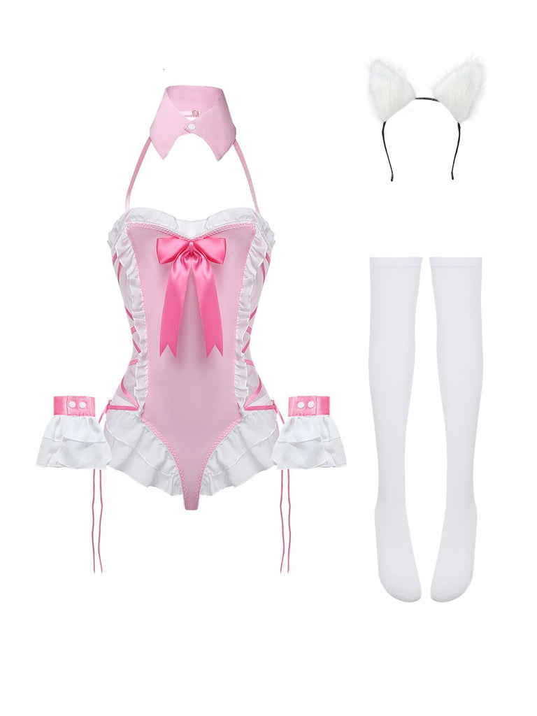 5PCS 1980s Bunny Girl Open Crotch Bodysuit Lingerie: beautiful vintage lingerie, retro nightgown, elegant sleepwear with timeless appeal