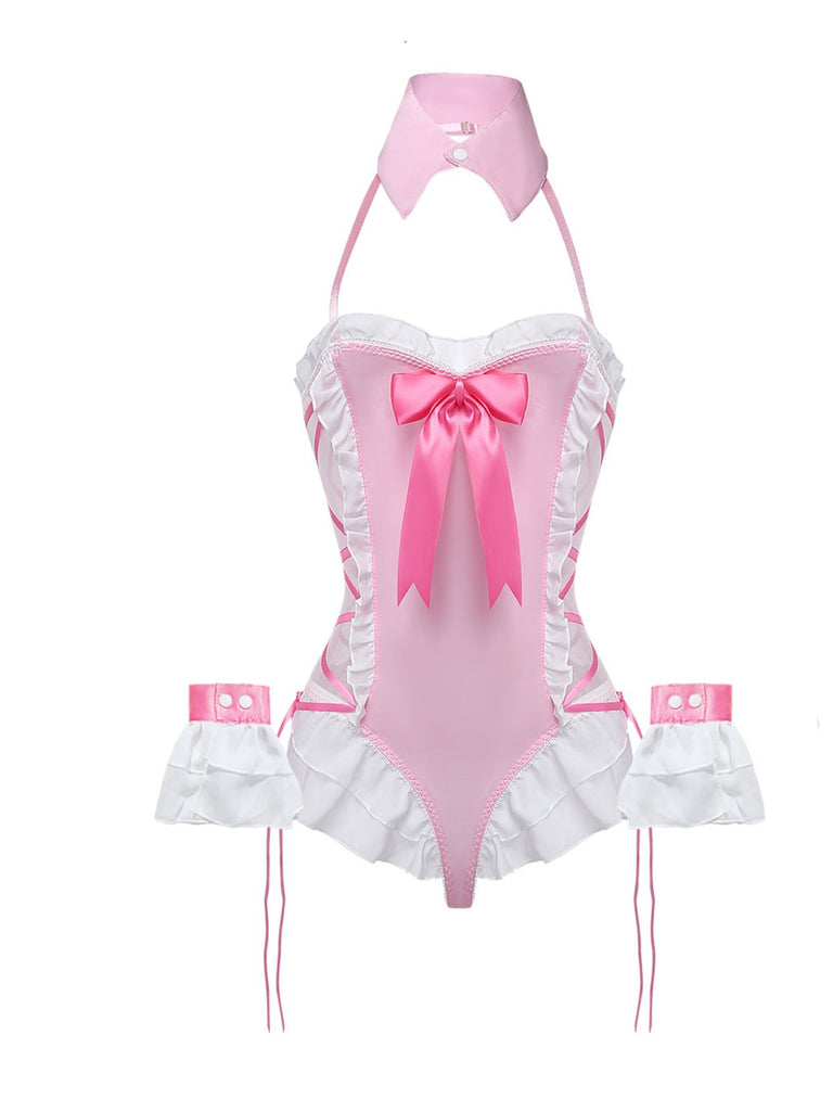 5PCS 1980s Bunny Girl Open Crotch Bodysuit Lingerie - vintage lingerie, retro nightgown, elegant sleepwear for vintage lovers
